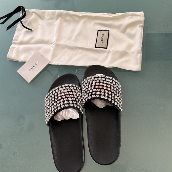COPY - ❤️Gucci Crystal Embellished Web Slide Sandals Calfskin Leather and Rubbe… - Picture 5 of 7
